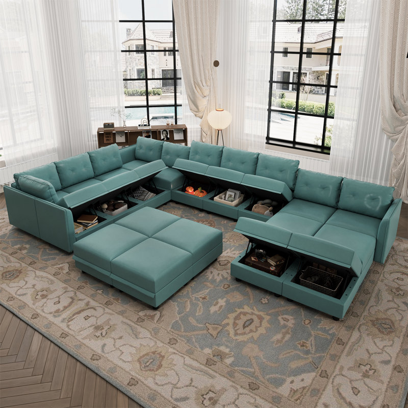 Zendajas Upholstered U-Shaped Sectional Reversible, Teal Green Faux Leather