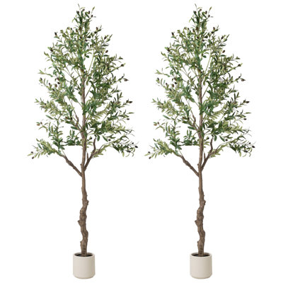 Olive Tree Artificial Indoor, Faux Olive Trees With Planter, Fake Plants With Natural Trunk And Lifelike Fruits (Set Of 2)