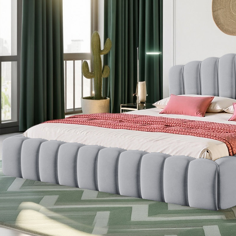 Structure de lit tapissier grand en velours avec tête de lit en forme de coquille - aucun sommier nécessaire, capacité de 500 lb, lit de plancher moderne
