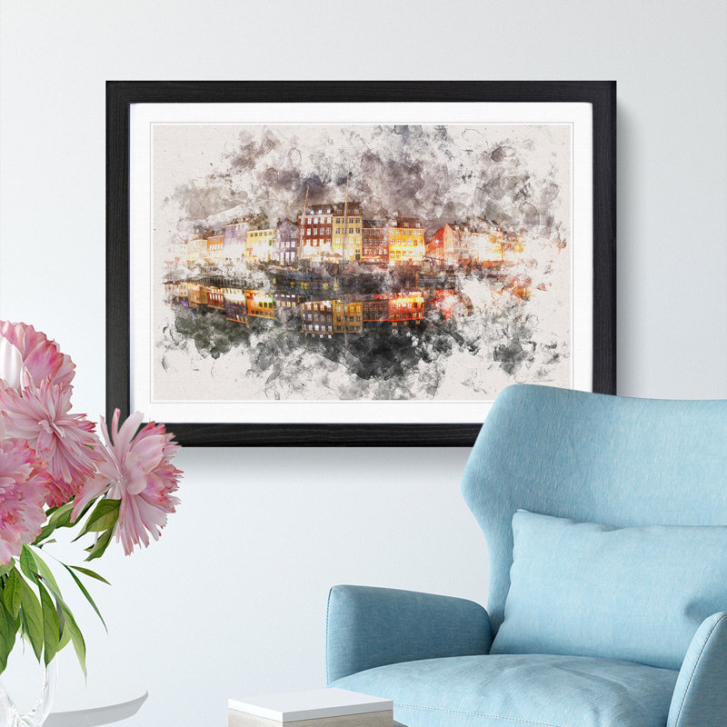 Nyhavn Canal in Denmark - Picture Frame Graphic Art Print, 24cm H x 33cm W x 2cm D, Black Framed