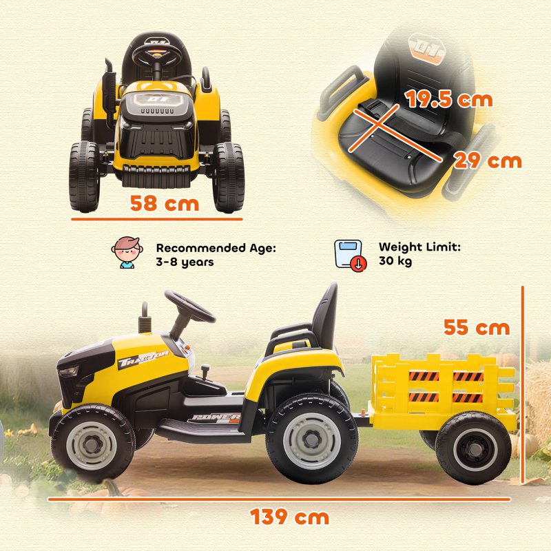 AIYAPLAY Ride on Tractor with Trailer 12V Remote Control Ages 3-8, Yellow