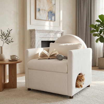 Chaise d'appoint beige pour animaux de compagnie avec coin caché pour animaux de compagnie, pieds en bois d'acacia, capacité de poids de 220 lb, fauteuil rembourré moderne pour le salon