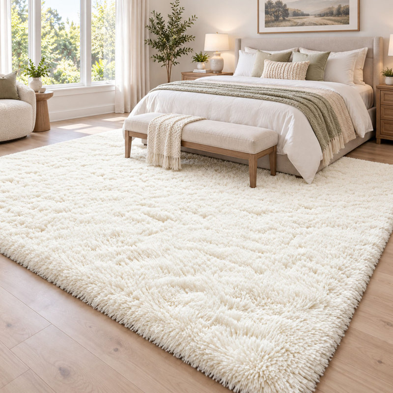 Tapis blanc crème à poils longs 8 pi x 10 pi avec mousse à mémoire de forme et envers antidérapant