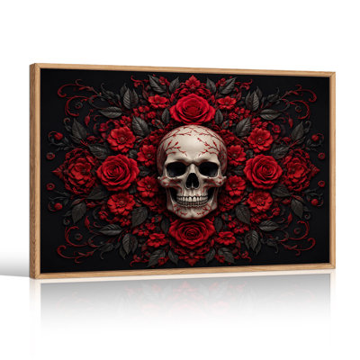 Art mural sur toile, crâne blanc centré sur des roses rouges et des feuilles foncées