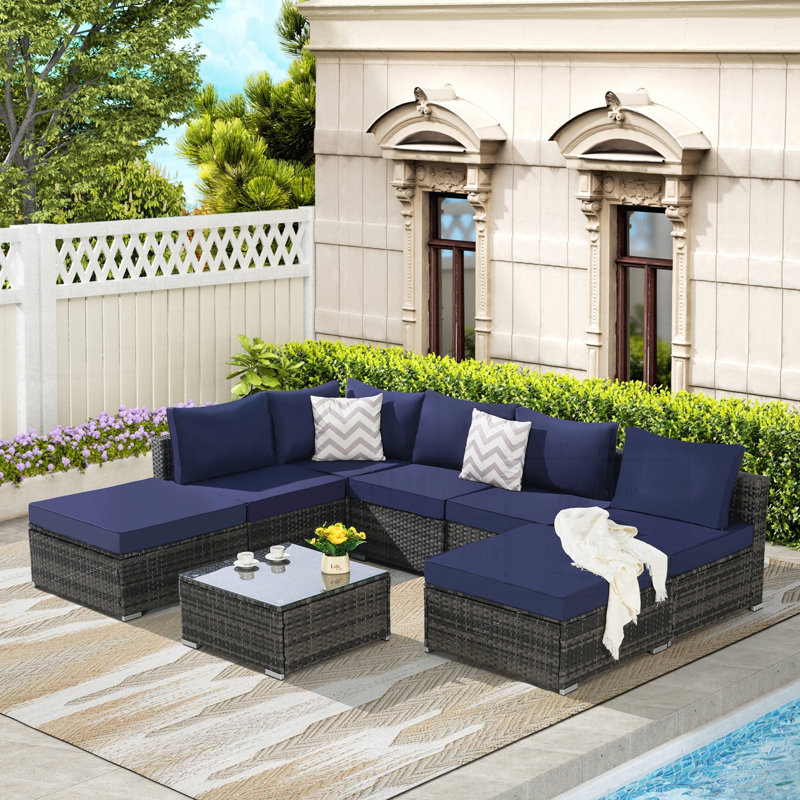 Ensemble de canapé modulaire d'extérieur avec coussins lavables et fabrication robuste, Bleu