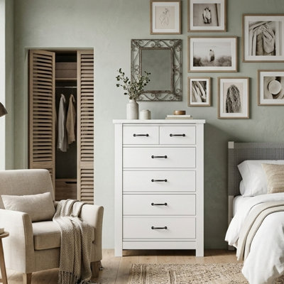 Nori Tall Dresser Chest, 5 Drawers With Split Top, Black Handles, White