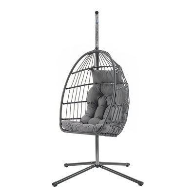 Height-Adjustable Hanging Egg Chair With Stand, Foldable Removable Basket, Cushion, Grey