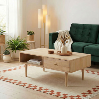 Everally Solid Wood Four Leg Coffee Table with Storage - Mid-Century Inspired