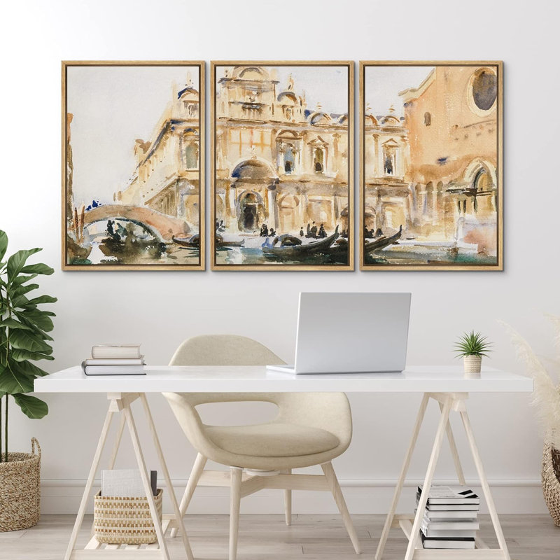 Gondole italienne, paysage urbain, rivière, 3 pièces, Naturel, H 36 po x l 24 po x P 1,5 po