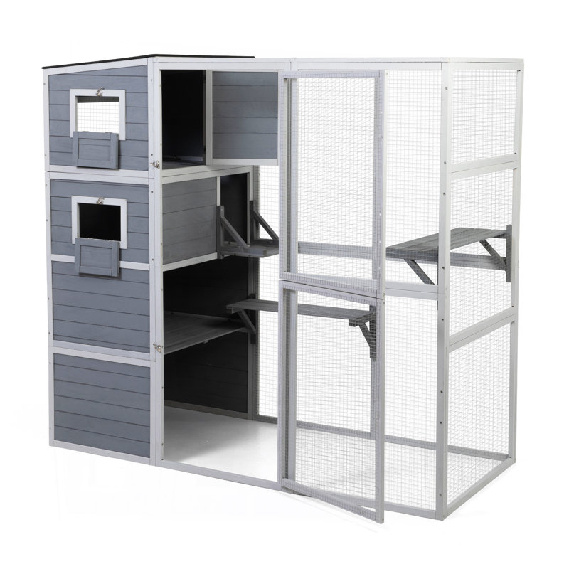 Grande clôture pour chat en bois avec toit et plateformes imperméables, gris