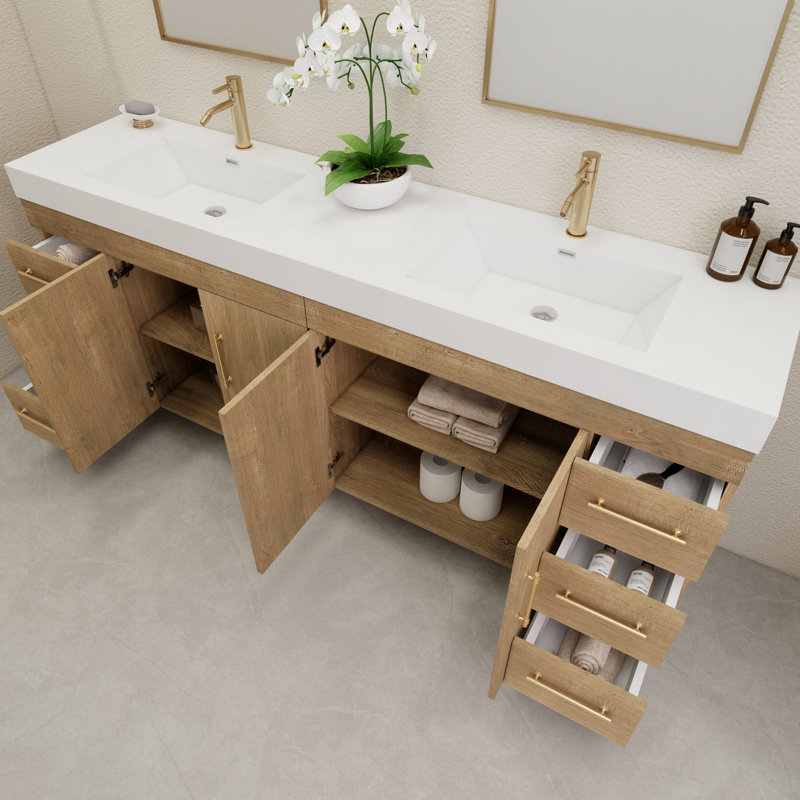 84" Double Bathroom Vanity Set with Drawers and Doors, Oak