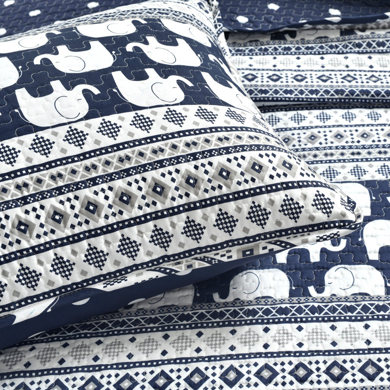 Uriel Navy Microfiber Reversible Quilt Set, Full/Queen Quilt + 2 Shams + 1 Throw Pillow