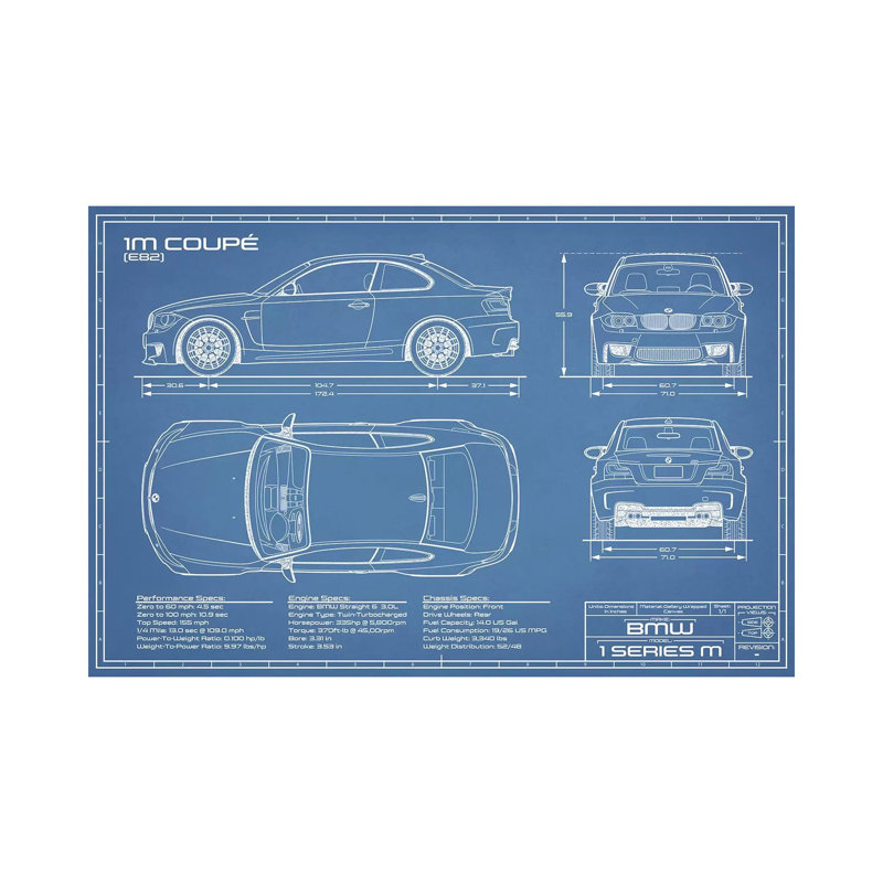 BMW 1M Coupe (F82) | Blueprint by Action Blueprints - Wrapped Canvas Print, Blue, 101.6 cm H x 66.04 cm W x 1.91 cm D
