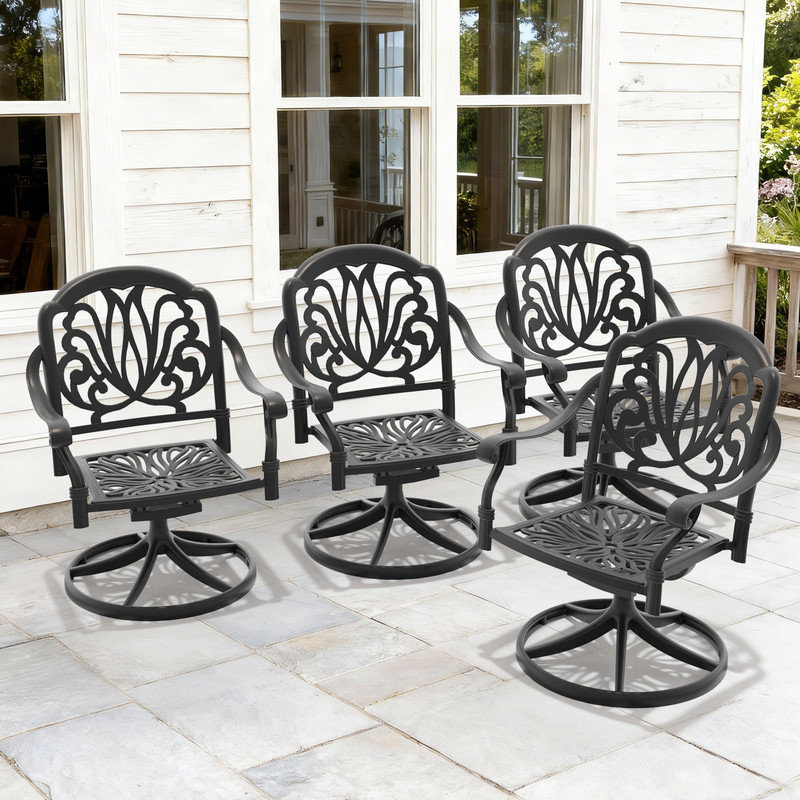 Lot de 4 chaises de salle à manger pivotantes d'extérieur en fonte d'aluminium avec coussins et accoudoirs, noir et brun