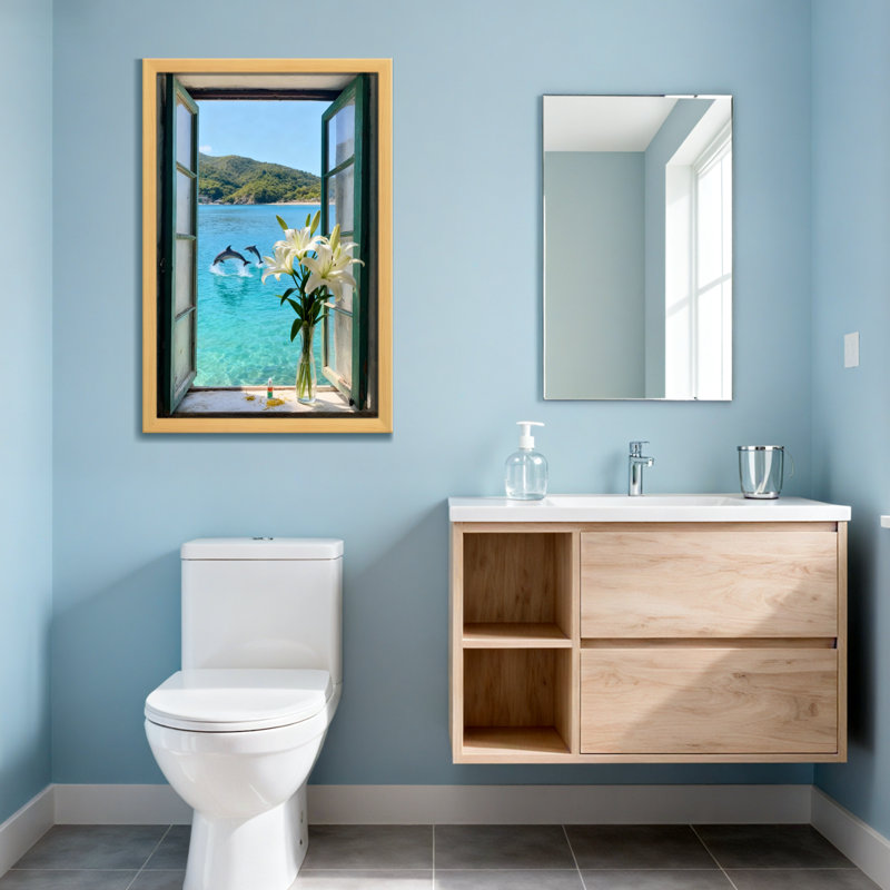Paysage, nature, fenêtre, océan, dauphins, fleurs, vase, ciel, eau de montagne, H 36 po x l 24 po, Toile tendue