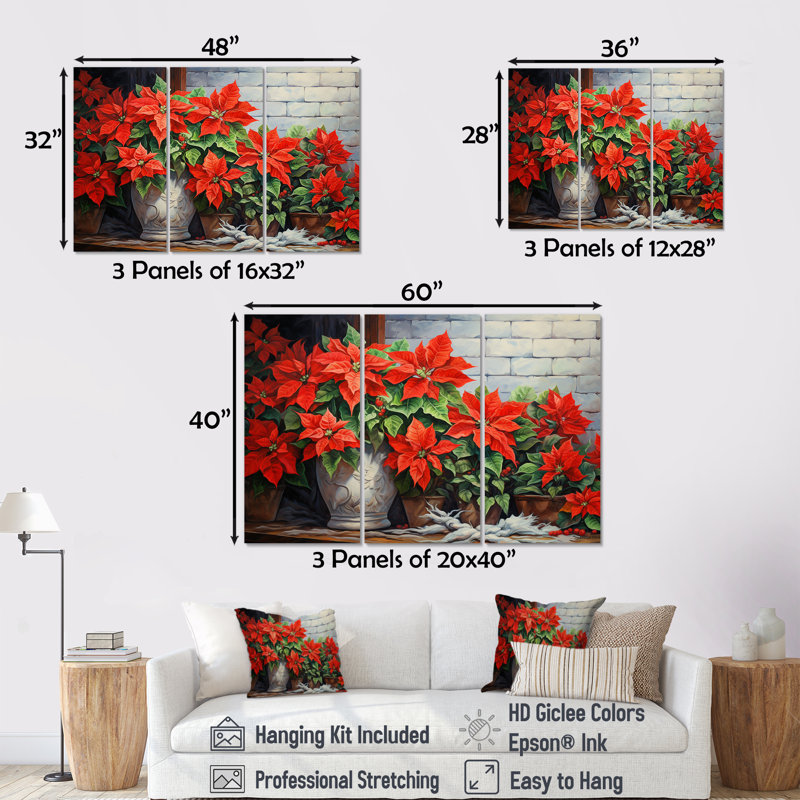 «Poinsettias Farmhouse Still Life», ensemble d'art sur toile poinsettias, H 40 po x l 60 po x P 1 po