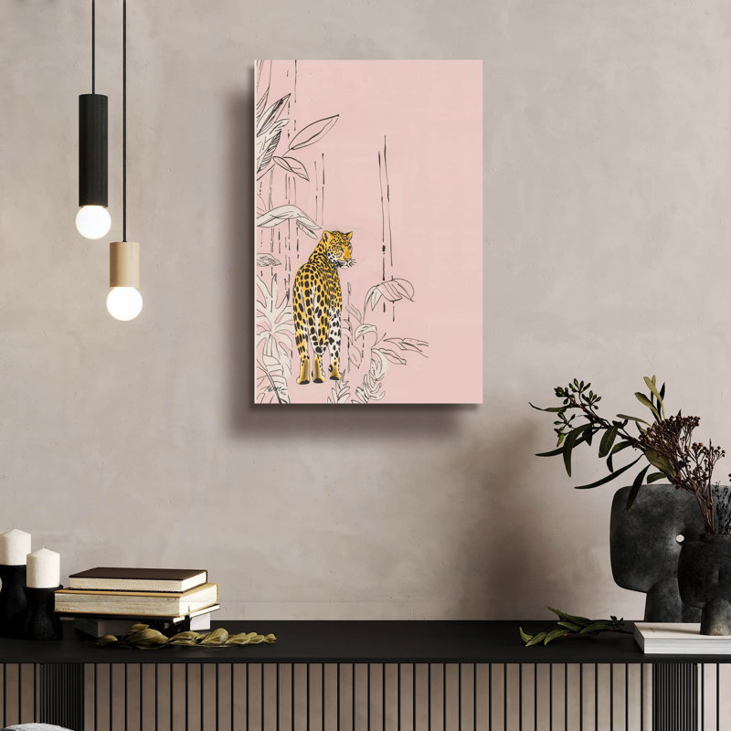 Léopard sur fond rose minimaliste »par MomArt, verre acrylique, art mural, H 36 po x l 24 po x P 0,2 po