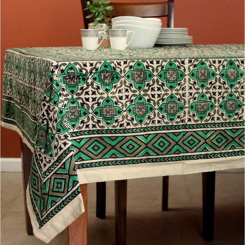Nigoghos Cotton Veggie Dye Hand Block Printed Tablecloth Collection, 104" x 88", Green