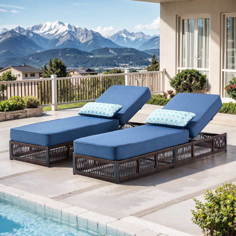 2PCS Patio Rattan Chaise Lounge, Outdoor PE Wicker Sun Lounger With Adjustable Backrest, Removable Cushion & Pillow, Reclining Chaise Lounge Sunbed For Balcony Poolside Yard