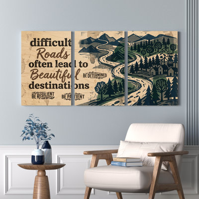 Les chemins difficiles mènent souvent à de belles destinations. Citation inspirante avec un paysage de montagne. Ensemble de 3 tableaux sur toile tendue pour la décoration du salon, de la chambre et de la maison.