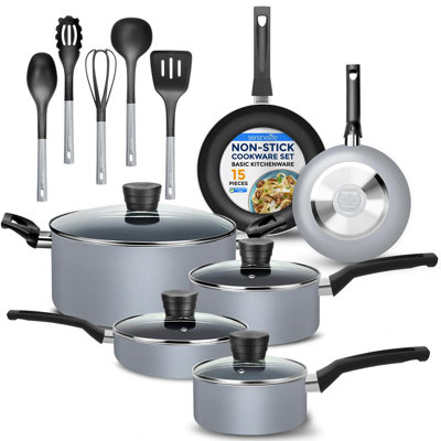 Serenelife15-Piece Gray Kitchenware Set – Non-Stick Pots & Pans, Heat Resistant Lacquer, Tempered Glass Lids, Italian Bakelite Handles, Dishwasher Safe, Includes Utensils