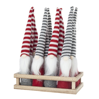 Fabric Gnomes with Striped Hat in Wooden Tray - Set of 12 - White, Red, Gray