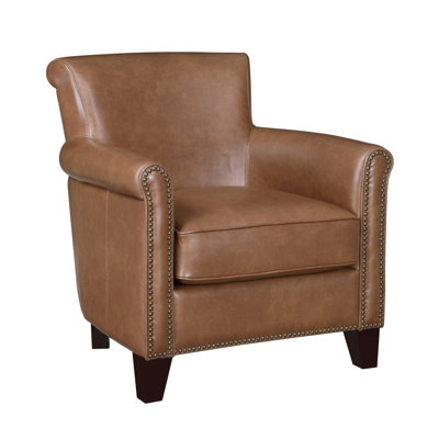 100% Top Grain Leather Accent Chair, Solid Wood Frame, Nailhead Trim For Living Room Classic Brown Armchair, Timeless Design
