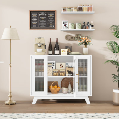Modern Sideboard Buffet Cabinet with Fluted Glass Doors, 36'' Storage Cabinet with Adjustable Shelf, Wooden Coffee Cabinet, Accent Cabinet for Kitchen, Living Room