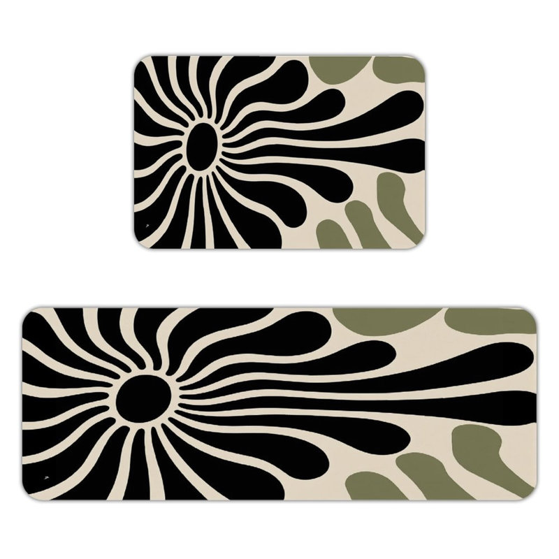 Tapis de cuisine antidérapant noir et beige style abstrait 2 pièces