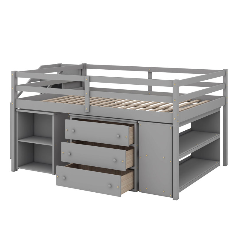 Full Low Loft Bed With Expandable Writing Desk And Triple Drawers, Wooden Loft Bed With Storage Stairs And Shelving Unit