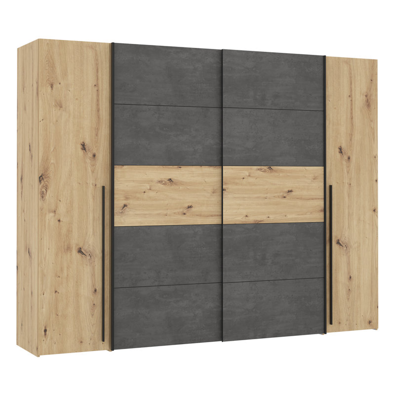 Debarr 4 Door Manufactured Wood Wardrobe, 210.5cm H x 270.3cm W x 61.2cm D, Artisan Oak/Dark Grey