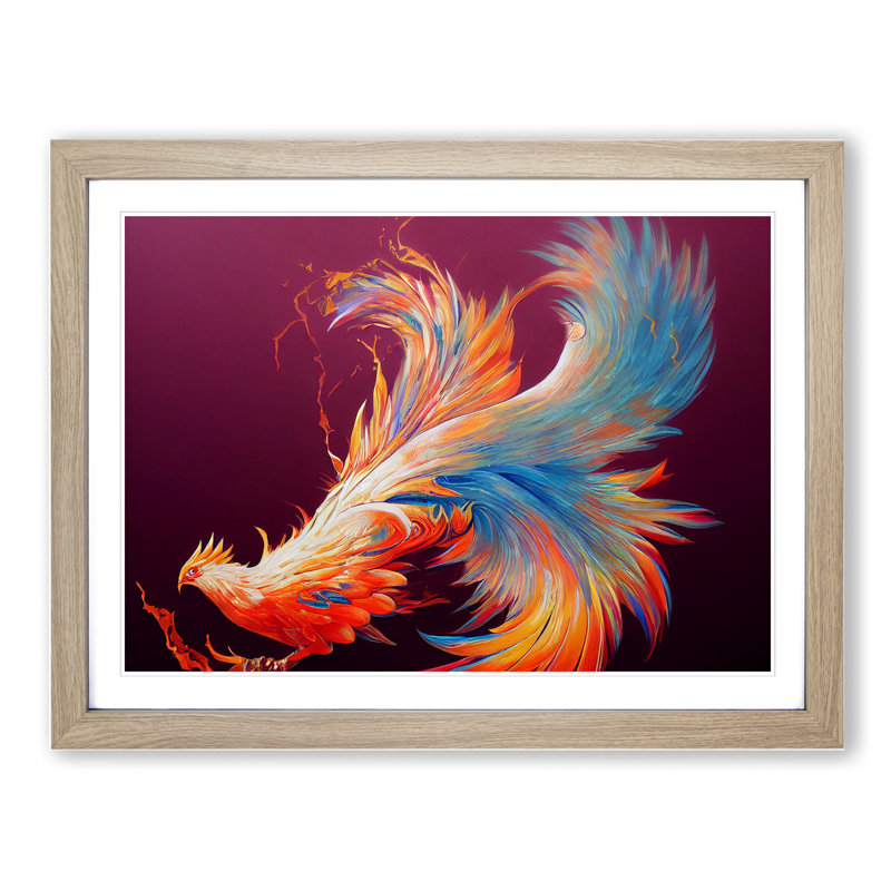 XH1022-6899X Phenomenal Phoenix Bird 1 Piece Single Picture Frame Wall Art, 46cm H x 64cm W x 2cm D, Oak