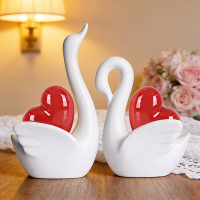 Set Of 2 Ceramic Swan Couple Figurines, Elegant Swans With Heart-Shaped Sculpture, Couple Wedding Gift Mini Couple Statue Gift, Newlywed Bedroom, Vanity Shelf Decorative Small Ornament
