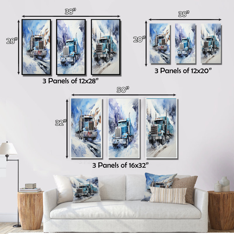 «Turquoise Semi Truck Arctic Hauler», 3 pièces sur toile, Toile tendue, H 28 po x l 36 po