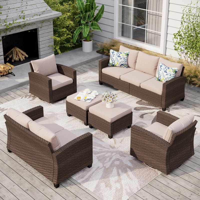 Ensemble de conversation d'extérieur en osier pour 9 personnes avec chaises pivotantes, Beige
