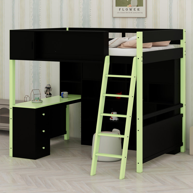 Lit mezzanine en bois avec bureau, Vert