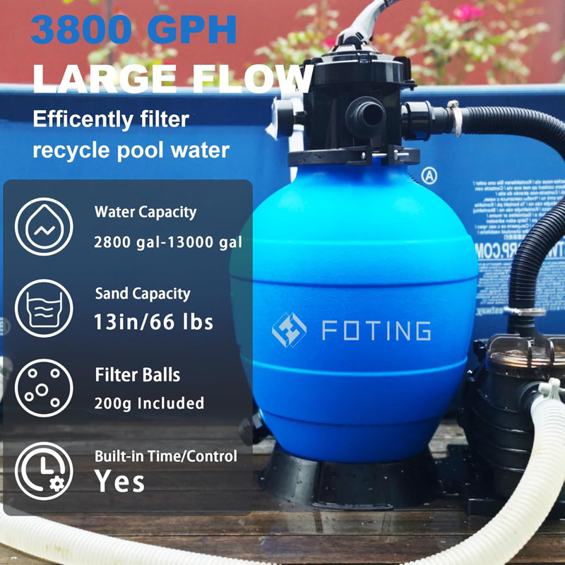 FOTING Sand Filter Pump for Above Ground Pool with Timer, Pool Pumps Above Ground with 7-Way Multi-Port Valve, Pool Sand Filter for High-Efficient Filtration & Circulation, 13inch, 1HP 3800GPH