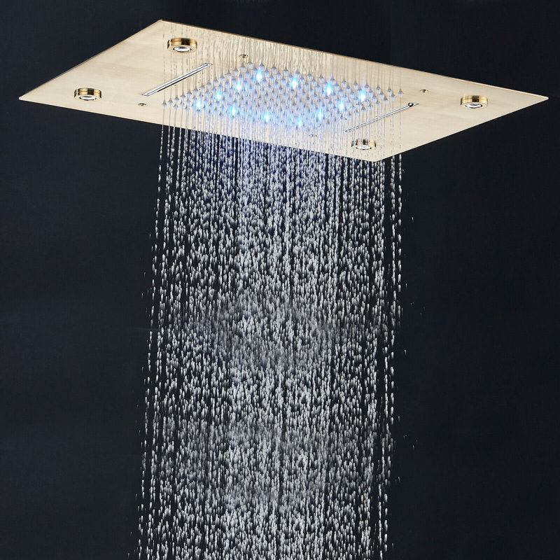Luxury LED Shower Head Rainfall Waterfall Top Spray High pressure Ceiling Mount, Gold