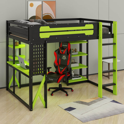 Lit mezzanine en bois avec bureau et lumière RVB, port USB, prise de courant, planche de suspension, tablettes et garde-corps