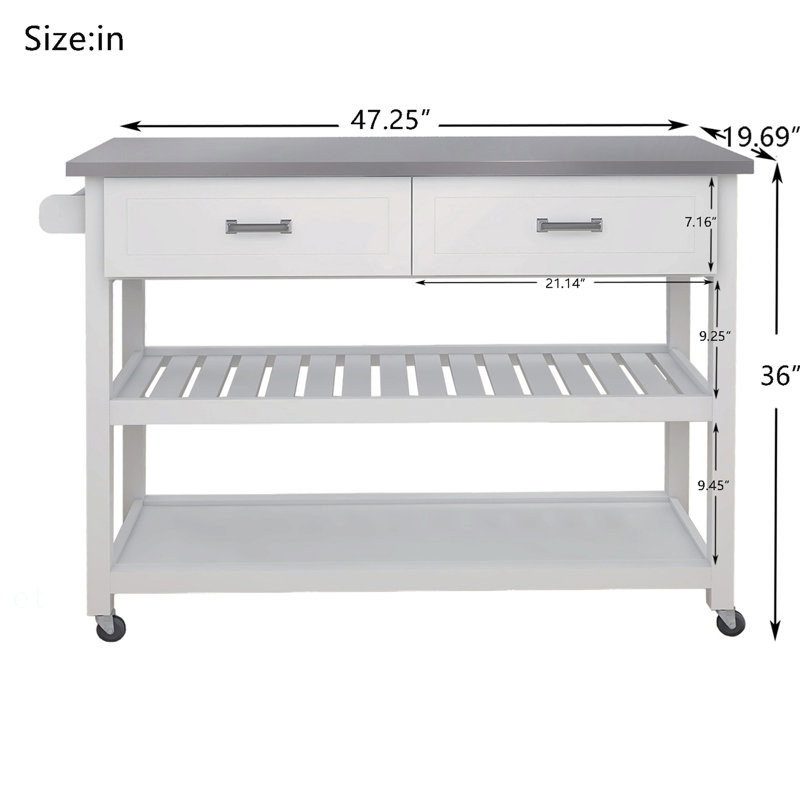Chariot Kicthen blanc avec deux tiroirs et plateau en acier inoxydable