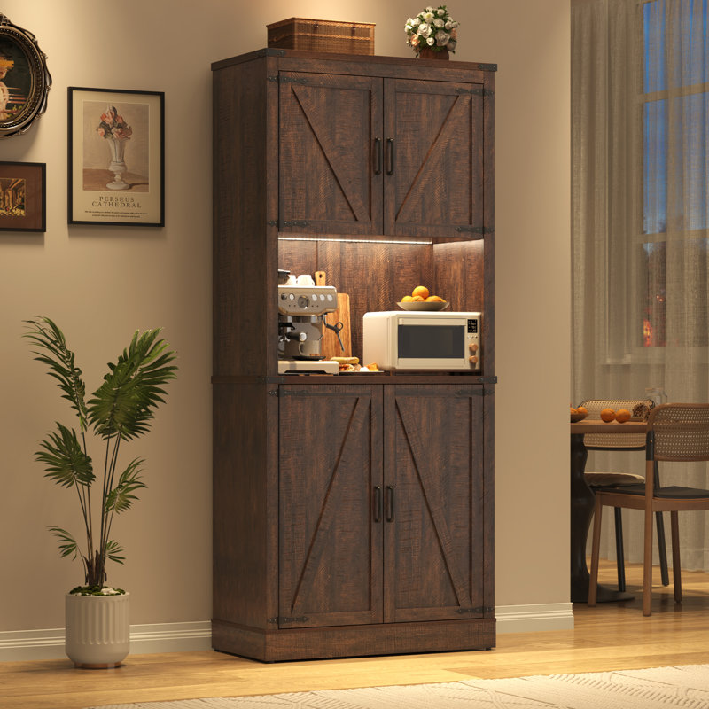 72" Kitchen Pantry With LED Light, Power Outlet And Shelves At Doors., Walnut