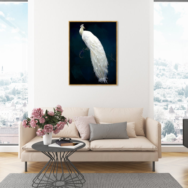 Habillée de plumes de paon glamour blanc moderne - cadre flottant, impression, Cadre doré, H 46 po x l 31 po