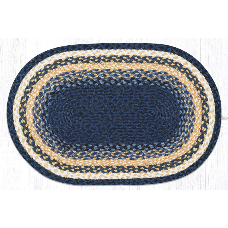  Tapis tressé ovale bleu clair, bleu foncé et moutarde - qualité artisanale, Ovale 1 pi 8 po x 2 pi 6 po