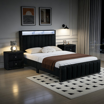 Modern 3-Pieces Bedroom Sets, Upholstered Platform Bed With Usb Charging Station & Led Lighting  And Two Nightstands
