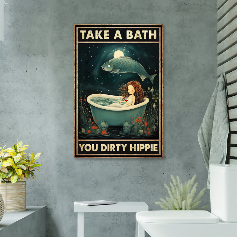 «Mermaid Chilling With Wine - Take A Bath», toile tendue avec châssis - décor de salle de bain et de lessive, jaune et turquoise
