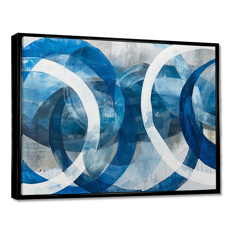 Blanc cercles bleus clairs - art mural géométrique, H 12 po x l 20 po x P 1 po, Toile avec cadre flottant noir