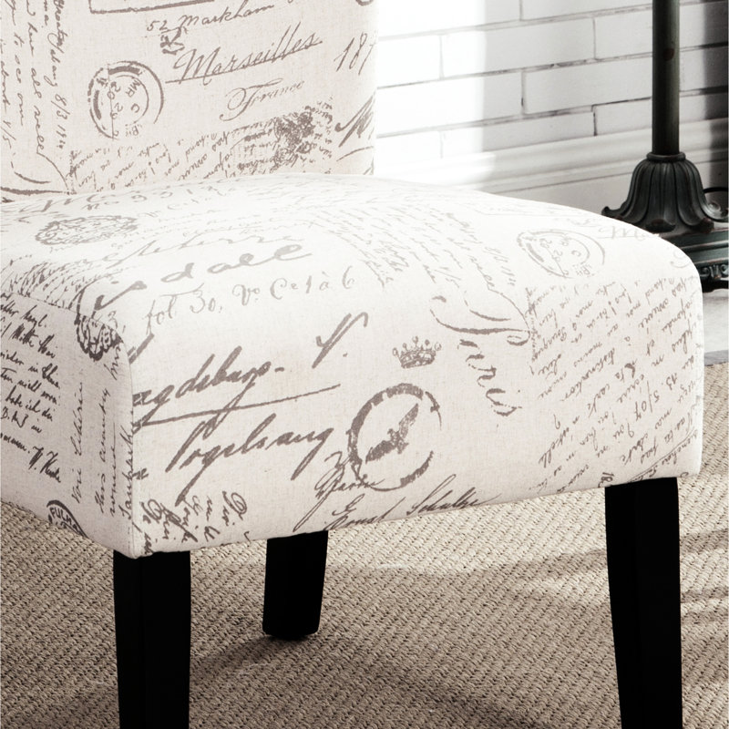 Chaise à imprimé lettres anglaises en mélange de blanc, sans accoudoirs, style contemporain, dossier et pieds amovibles, 54,7 cm (l) x 75,6 cm (p) x 84,2 cm (h), revêtement en tissu.