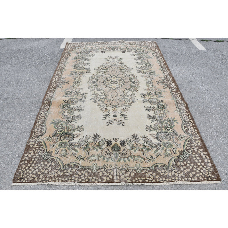 Tapis turc vintage en laine Oushak: grand tapis de salon bohémien classique en brun / brun / vert