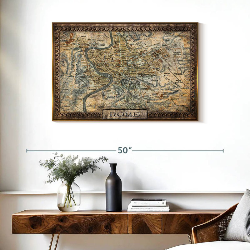 Carte rétro de la ville de Rome, Cadre flottant doré, 37 po x 25 po
