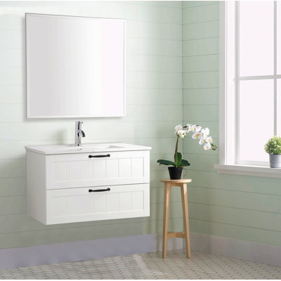 Meuble-lavabo mural de 31,5 po avec lavabo, deux grands tiroirs, système de fermeture en douceur et fabrication en bois massif